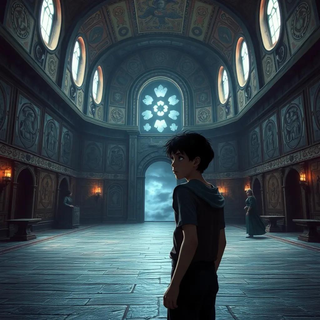 Inside the grand hall of Amelia's castle, decorated with ancient engravings, a boy named Aabir with short dark hair looking around nervously, with the two Marks preparing for battle, dimly lit atmosphere, dark clouds outside, adventurous vibe, high quality