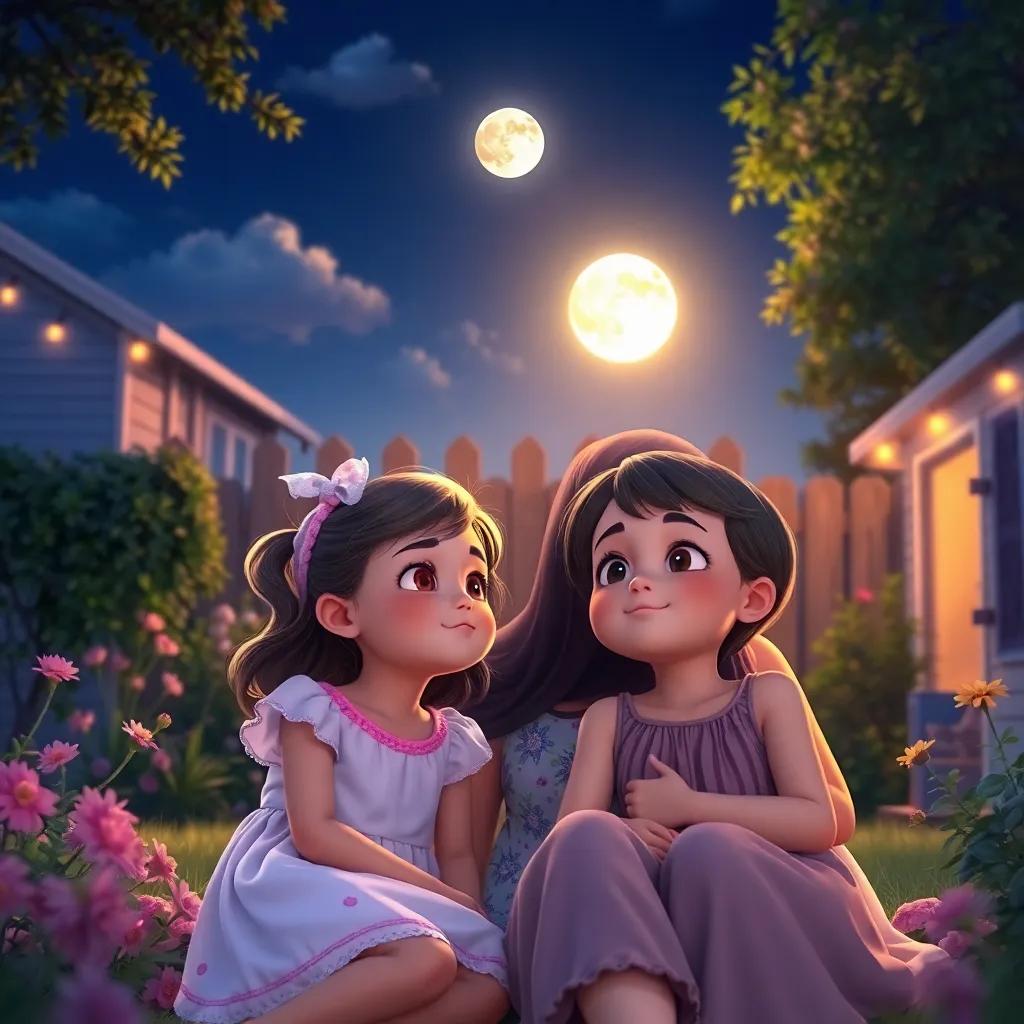 A serene summer night, two sisters, Layla (7 years) and Jude (4 years), with their mother Salma, looking at a bright moon in the sky, sitting in a cozy backyard garden, digital art, soft colors, warm light, inviting atmosphere, high quality