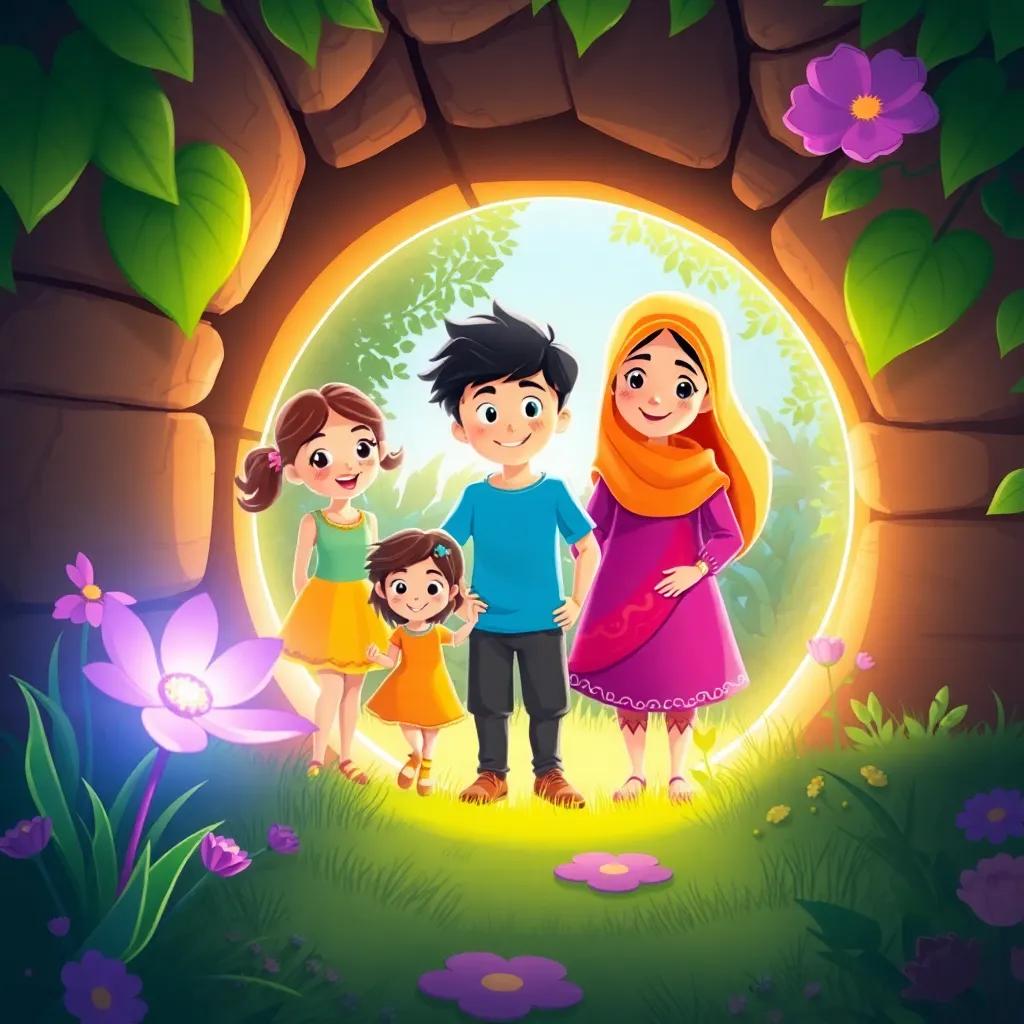 The three of them, Layla, Jude, and their mother Salma, entering a glowing round portal in the garden, with a purple flower shining brightly beside it, magical and whimsical, illustration, cheerful, bright colors, child-friendly fantasy scene