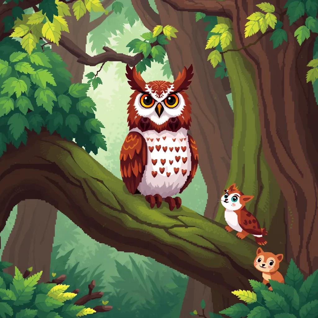A wise owl named Bobi, sitting on a large green tree branch in a vibrant forest, surrounded by animals looking up to it, digital art, colorful, bright greens and browns, warm atmosphere, high quality