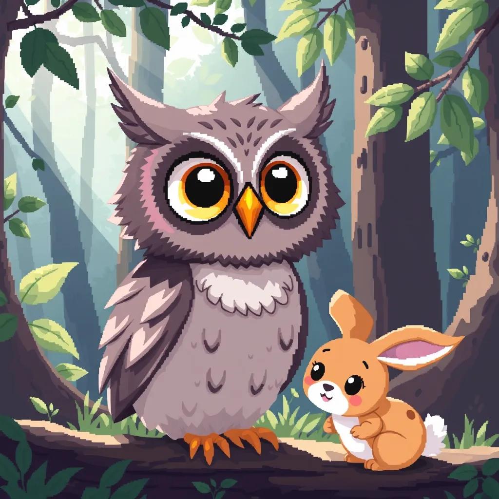 Bobi the owl, with big bright eyes and soft feathers, interacting with a small rabbit named Toto, in the forest setting with sunlight filtering through leaves, illustration, friendly, inviting, child-friendly