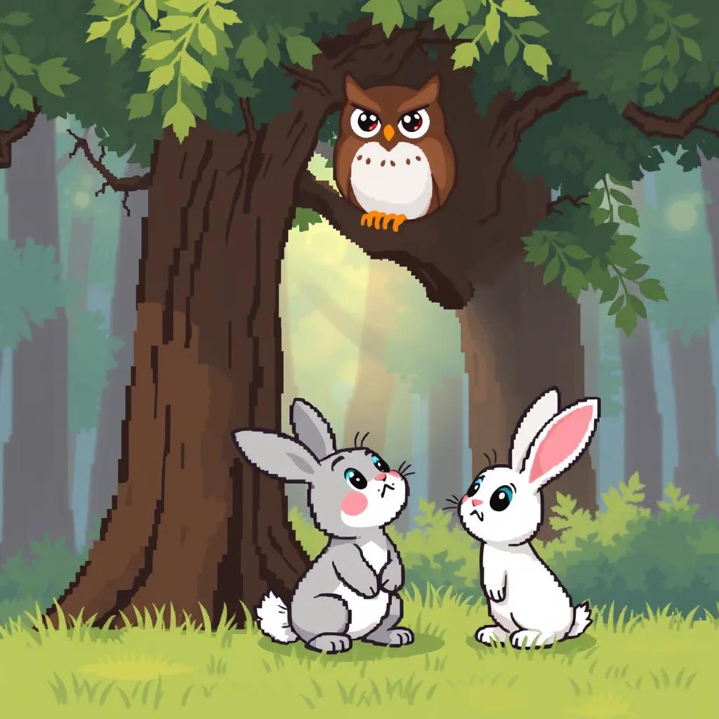 Toto the little rabbit, looking up at Bobi, with a worried expression, under the wise owl's tree, with the forest background in soft focus, illustration, gentle, reassuring, warm light