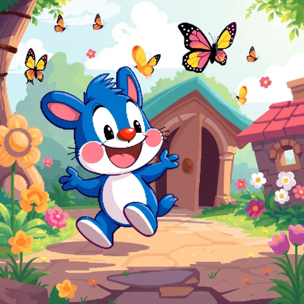 A joyful scene with Toto happily hopping home, following butterflies and looking back at Bobi with gratitude, bright colors, cheerful atmosphere, high-quality, vibrant