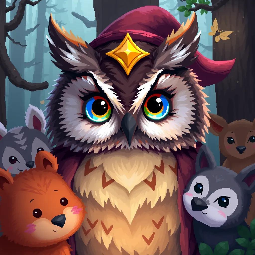 A close-up of Bobi the wise owl, with sparkling eyes and a wise smile, surrounded by other forest animals, symbolizing knowledge and friendship, detailed digital painting, rich colors, heartwarming