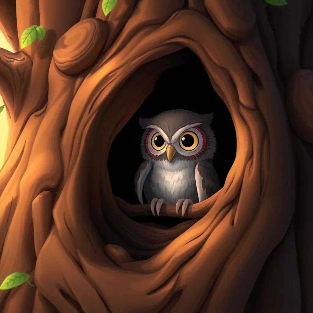 A small owl, Bounbon, living in a deep hole of a big tree, colorful and whimsical, digital art, warm colors, cheerful atmosphere, high quality