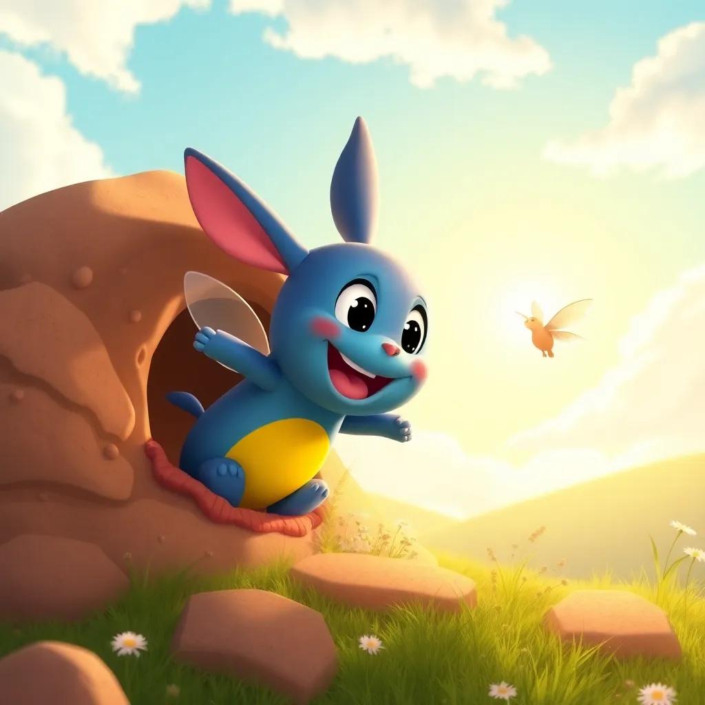 A beautiful morning with Bounbon flying around her hole, sparkling sunshine, bright sky, cartoon style, joyful and adventurous, high quality
