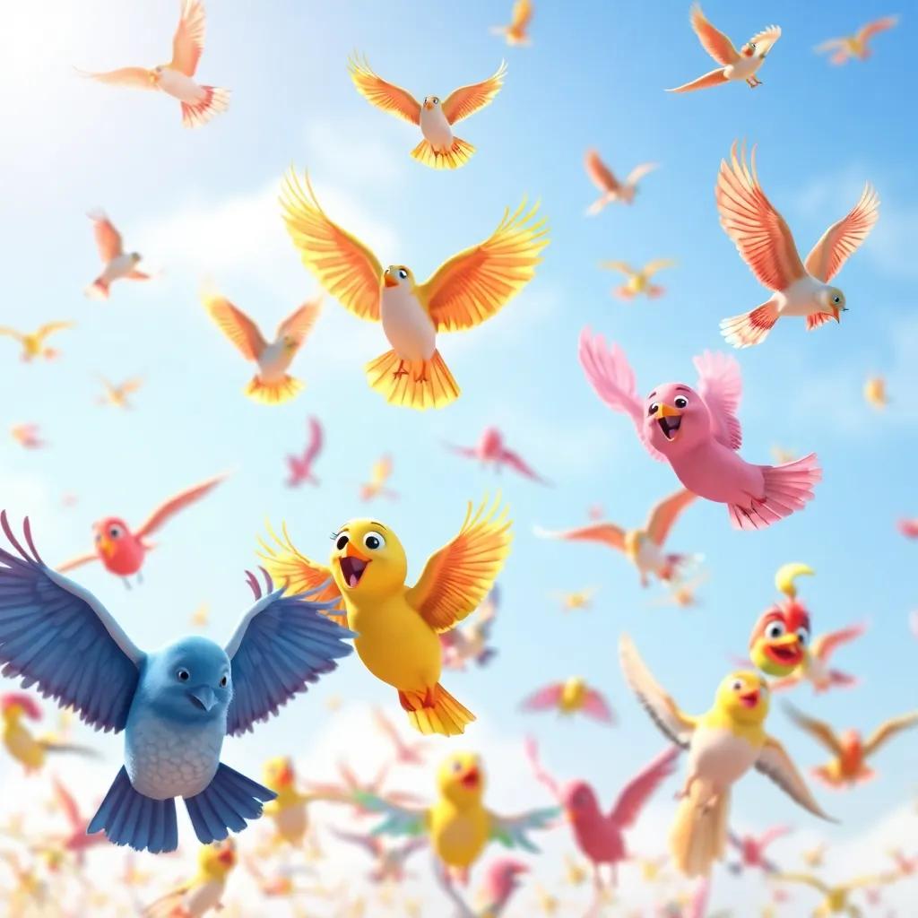 A variety of colorful birds flying in the sky, some with bright feathers, cheerful atmosphere, digital art, warm sunlight, high quality