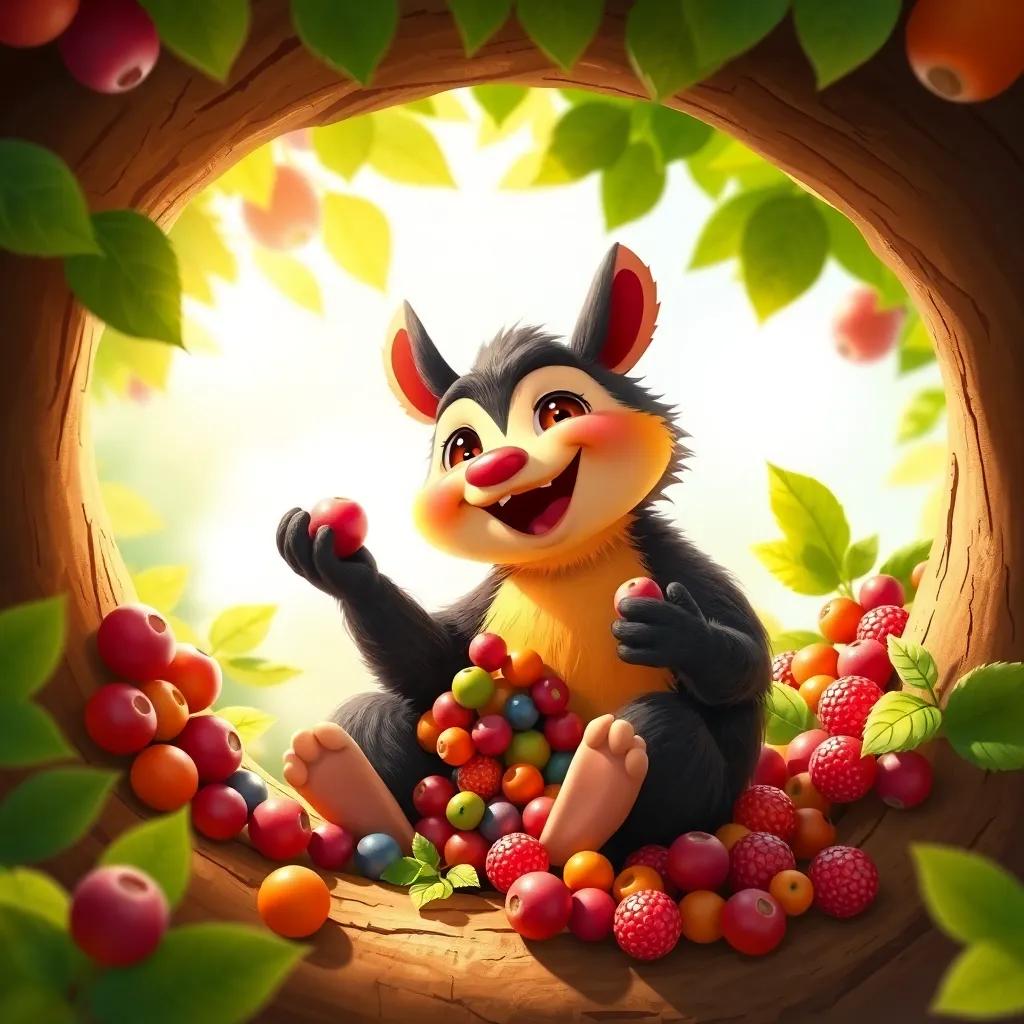 Bounbon happily eating fruits, sitting in the tree hole, gathering colorful berries, bright and sunny light, vibrant colors, heartwarming scene, high quality
