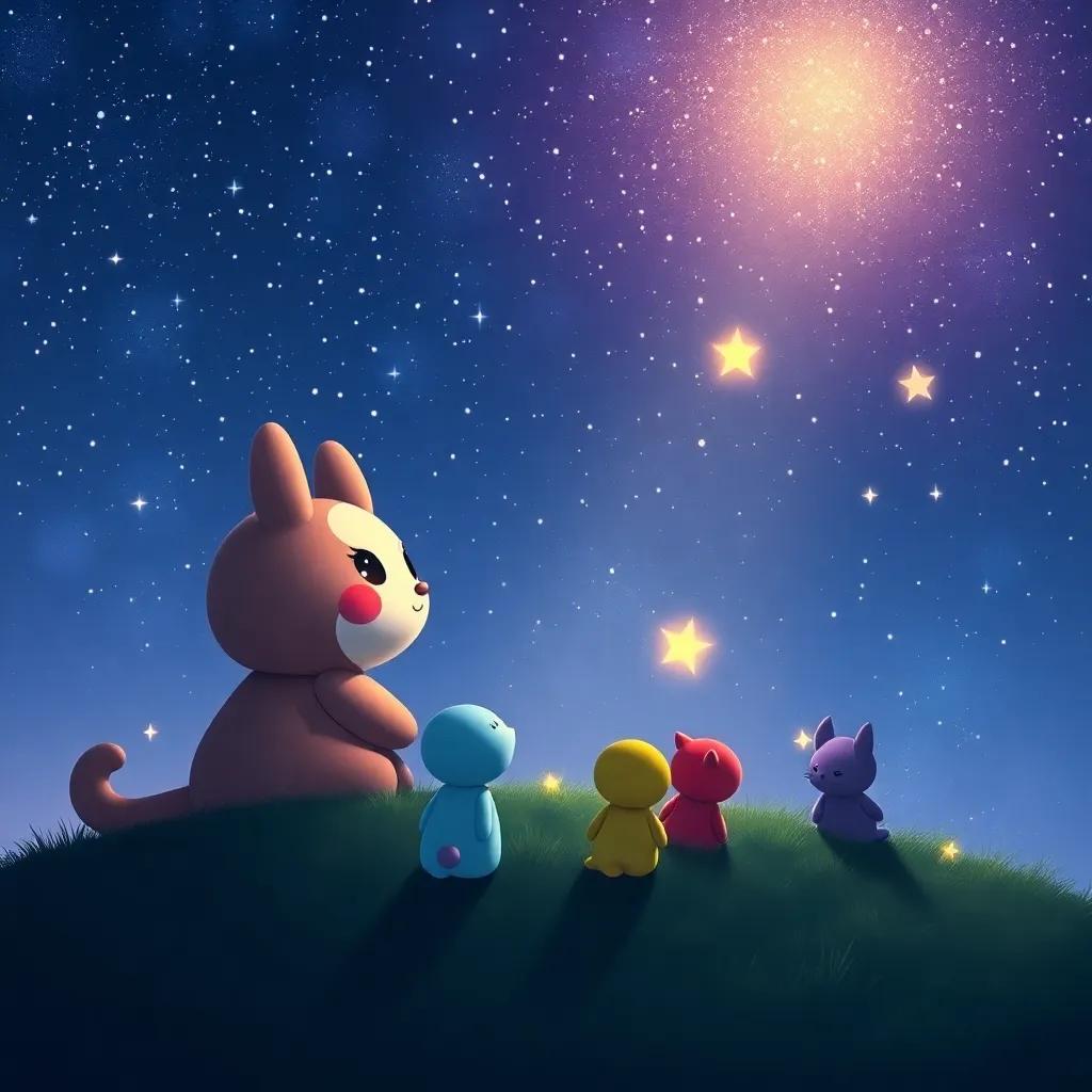 Bounbon under a starlit sky, admiring the stars with her friends, sparkling stars, magical night, digital painting, calming colors, high quality