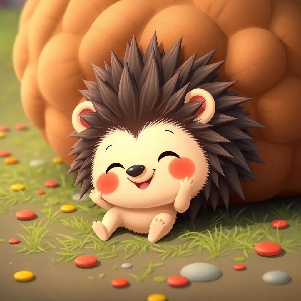 A small hedgehog, Edo, sliding down to greet Bounbon, friendly and cute expression, colorful background, child-friendly theme, high quality