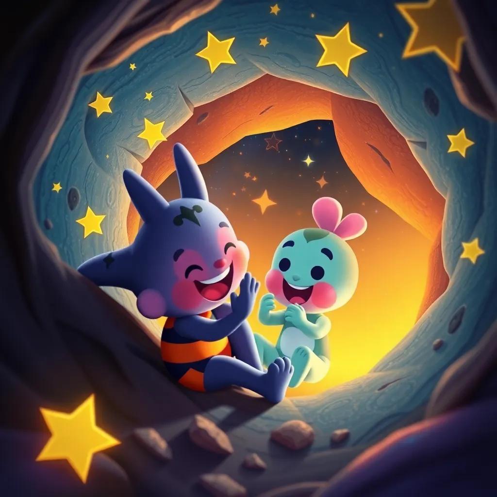 Bounbon and Edo playing together in the hole, surrounded by twinkling stars and storytelling atmosphere, digital art, vibrant and inviting colors, high quality
