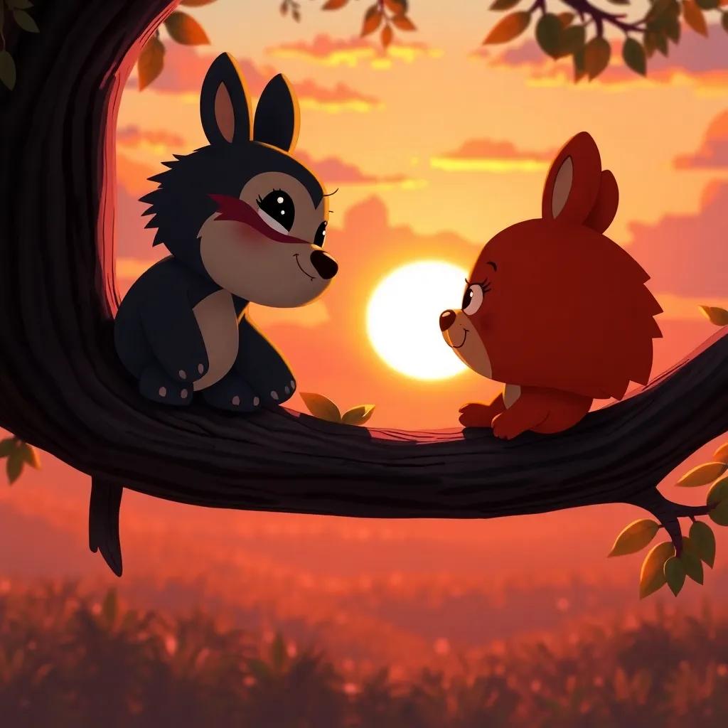 Bounbon admiring the sunset from the tree branch, warm sunset colors, peaceful scene, with friends smiling, digital art, heartwarming imagery, high quality