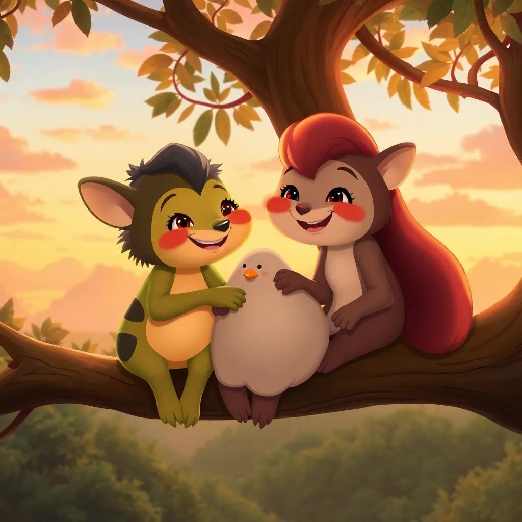 Bounbon and her friends sitting together on a tree branch, enjoying the sunset colors, cheerful expressions, cozy atmosphere, digital painting, high quality