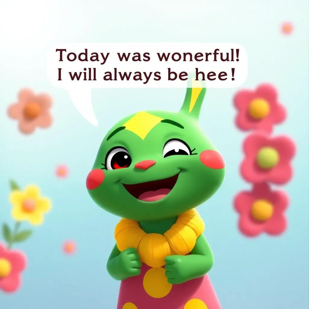 Bounbon saying 'Today was wonderful! I will always be here!' with a smile on her face, bright colors, heartwarming scene, high quality