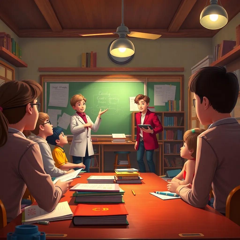 A teacher in a cozy classroom, talking passionately to a group of attentive students, with books and documents around, a vibrant and interactive environment, digital art, warm tones, engaging scene, high quality