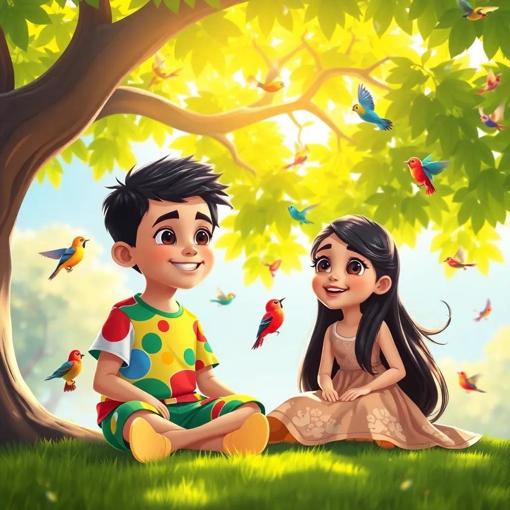 A sunny day with two kids, Sami, a young Arab boy with short black hair wearing a colorful t-shirt and shorts, and Leila, a young Arab girl with long dark hair wearing a bright dress, sitting under a large tree with green leaves, colorful birds singing around them, digital art, vibrant colors, cheerful atmosphere, high quality