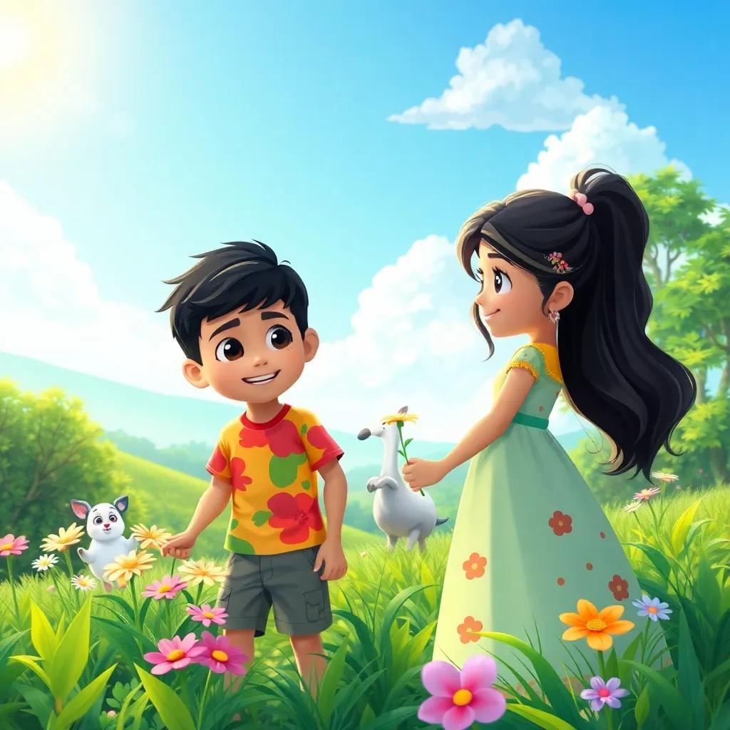 Sami, a young Arab boy with short black hair in a colorful t-shirt and shorts, and Leila, a young Arab girl with long dark hair in a bright dress, picking flowers in a beautiful natural setting with sun shining, lush greenery, friendly animals appearing, illustration, lively, inviting scenery, high quality