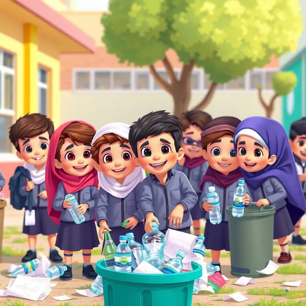 A group of young Arab children, including Nasser, with various hairstyles and school uniforms, happily collecting trash in a school yard, picking up paper and water bottles, cheerful expressions, colorful school environment, digital illustration, vibrant and lively, child-friendly