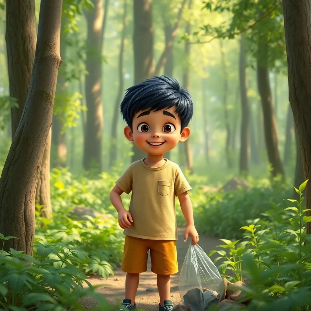 A young Middle Eastern boy, Sami, with short black hair, wearing a t-shirt and shorts, picking up litter in a forest filled with trees and green plants, cheerful, bright, detailed digital art