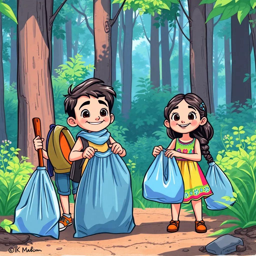 A group of children, including Sami, a young Middle Eastern boy with short hair, and a girl wearing a colorful dress, happily cleaning up the forest while smiling and holding bags of trash, vibrant colors, friendly atmosphere, sketch style