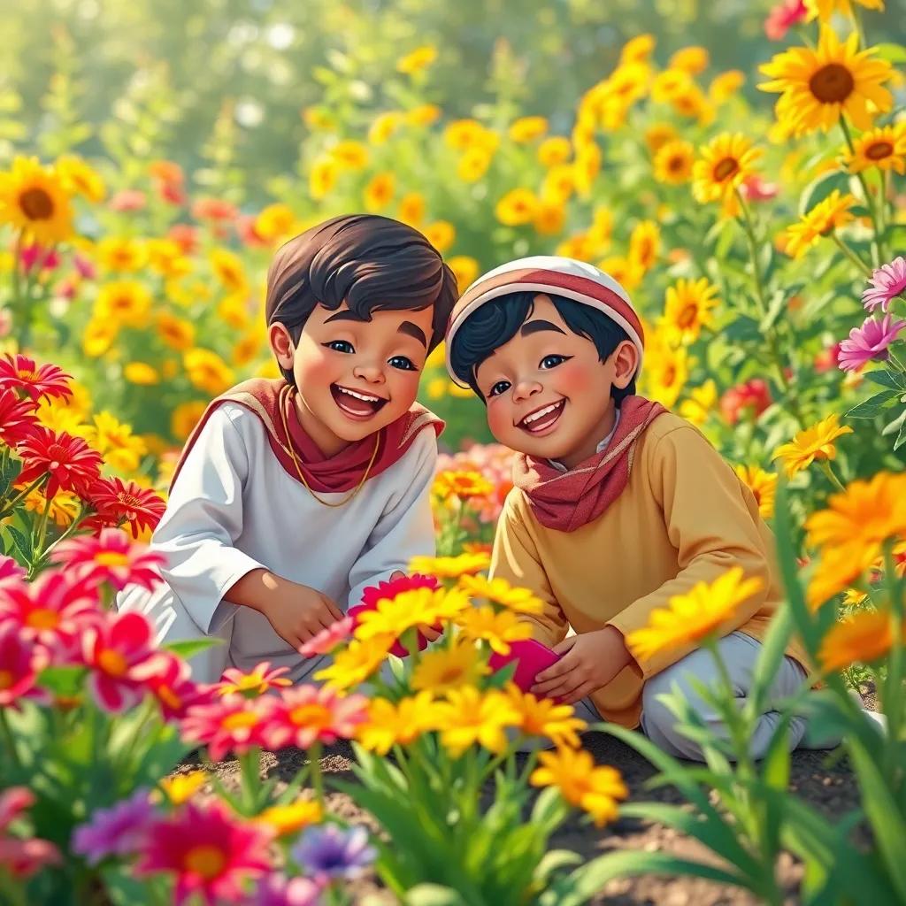 Two young Arab boys, سعيد and his friend, planting colorful flowers in a vibrant garden filled with sunshine and greenery, singing happily together, illustration, joyful and lively, child-friendly atmosphere, high quality