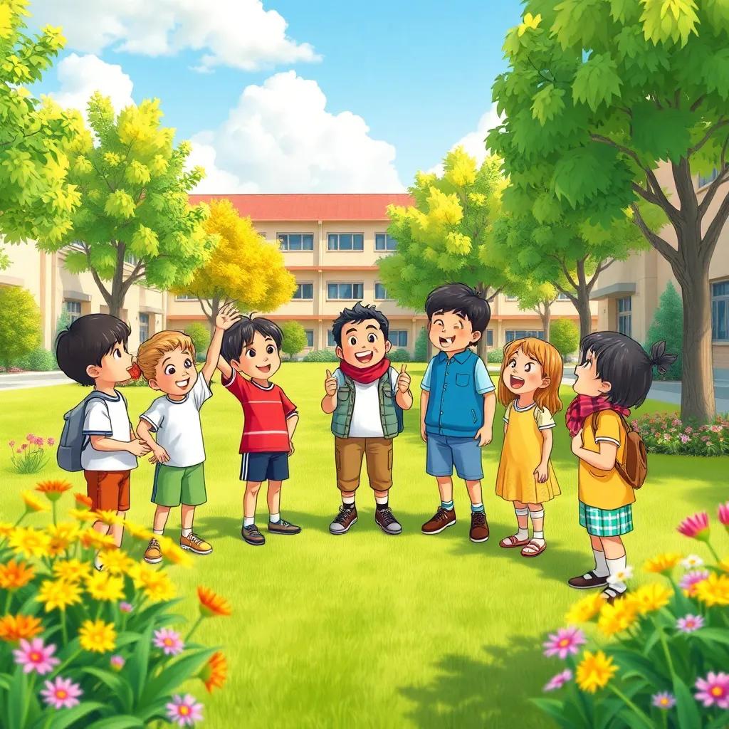 A group of excited children, led by Ahmed, discussing how to keep their environment clean in a bright schoolyard with trees and flowers, illustration, colorful, cheerful atmosphere, friendly vibe, high quality