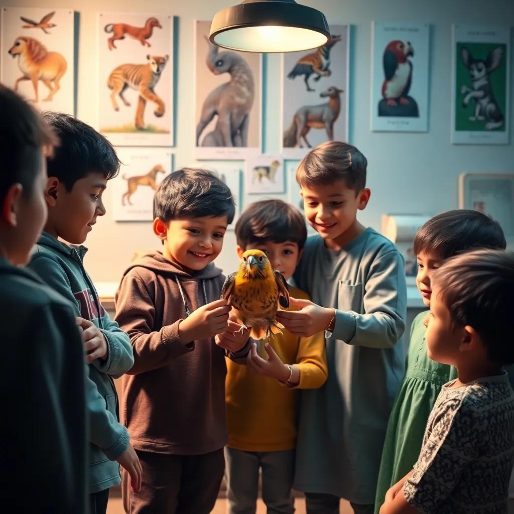 A group of children, including Ahmed and his friends, helping an injured bird, with a caring veterinarian in a clinic filled with animal posters, soft lighting, heartwarming scene, detailed art, uplifting mood