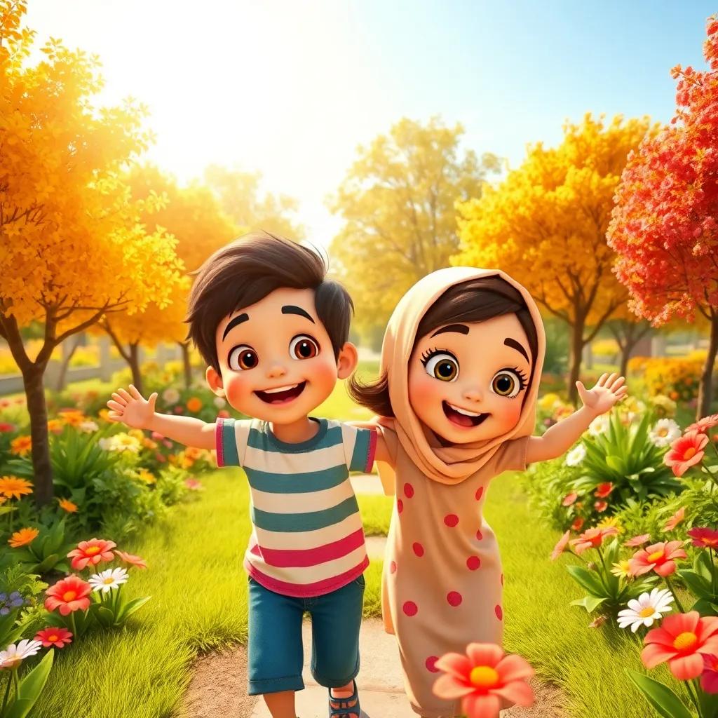 Two young children, Ahmed and Layla, happily playing in a sunny garden filled with trees and flowers, animated style, bright colors, cheerful atmosphere, medium angle, vibrant and engaging