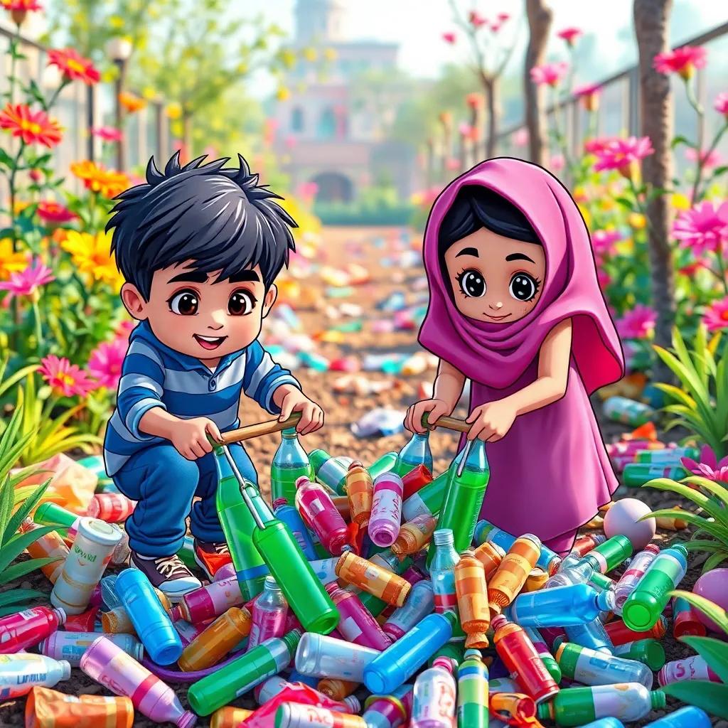 Two children, Ahmed and Layla, picking up trash in a colorful garden, litter such as plastic bottles and wrappers around them, cartoon style, bright colors, action-packed scene, dynamic perspective, engaging and lively