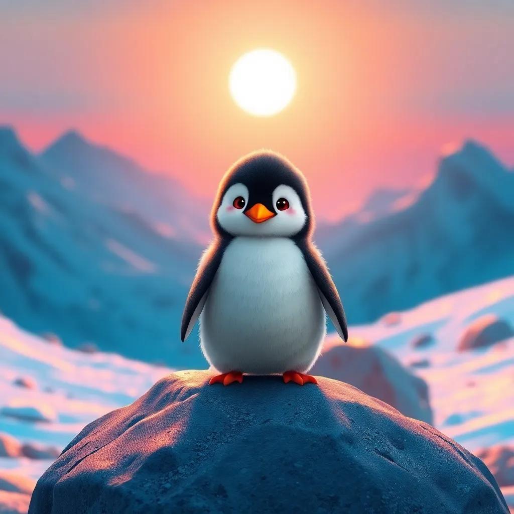 A small, brave penguin named Bebo, with fluffy black and white feathers, standing on a warm rock under a faint sun in a snowy landscape, cheerful atmosphere, adventure theme, digital art, vibrant colors