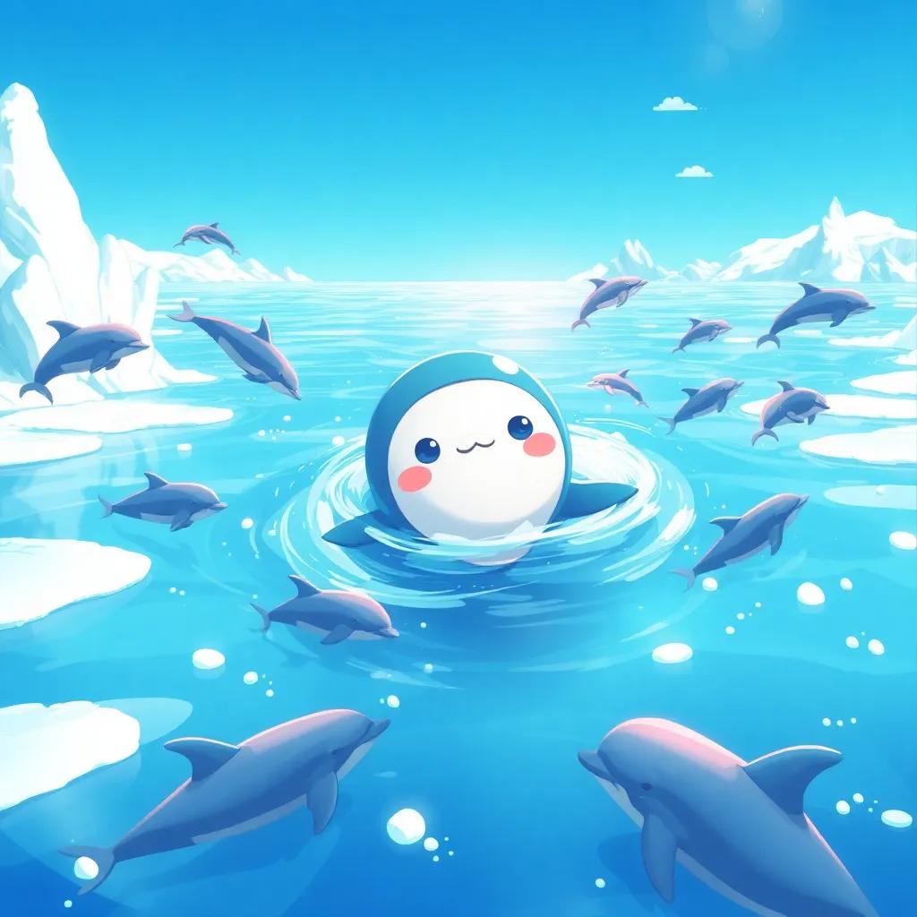 A wide, frozen ocean with Bebo swimming, surrounded by playful dolphins, with an icy blue background, lively and playful scene, illustration, bright colors and sunlight