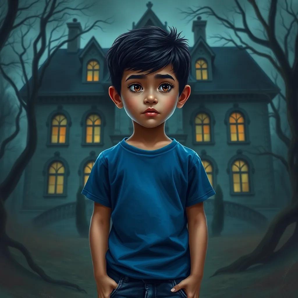 A young Arab boy, أحمد, with short dark hair and wearing a blue t-shirt and jeans, standing in front of a spooky old house, dark trees around, nervous but curious expression, digital art, eerie atmosphere, dark colors, high quality