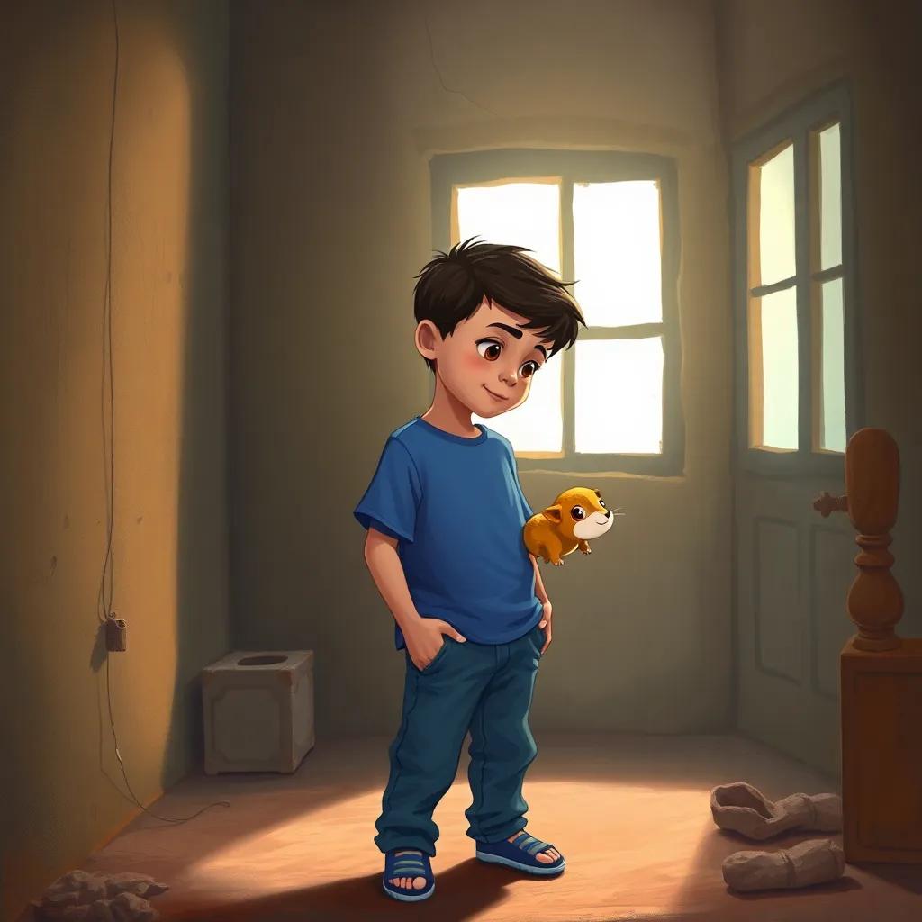 A young Arab boy, أحمد, with short dark hair and wearing a blue t-shirt and jeans, inside a dusty old room with cobwebs and shadows, looking at a friendly small animal, soft light coming from a window, illustration, warm and inviting colors, friendly atmosphere, high quality