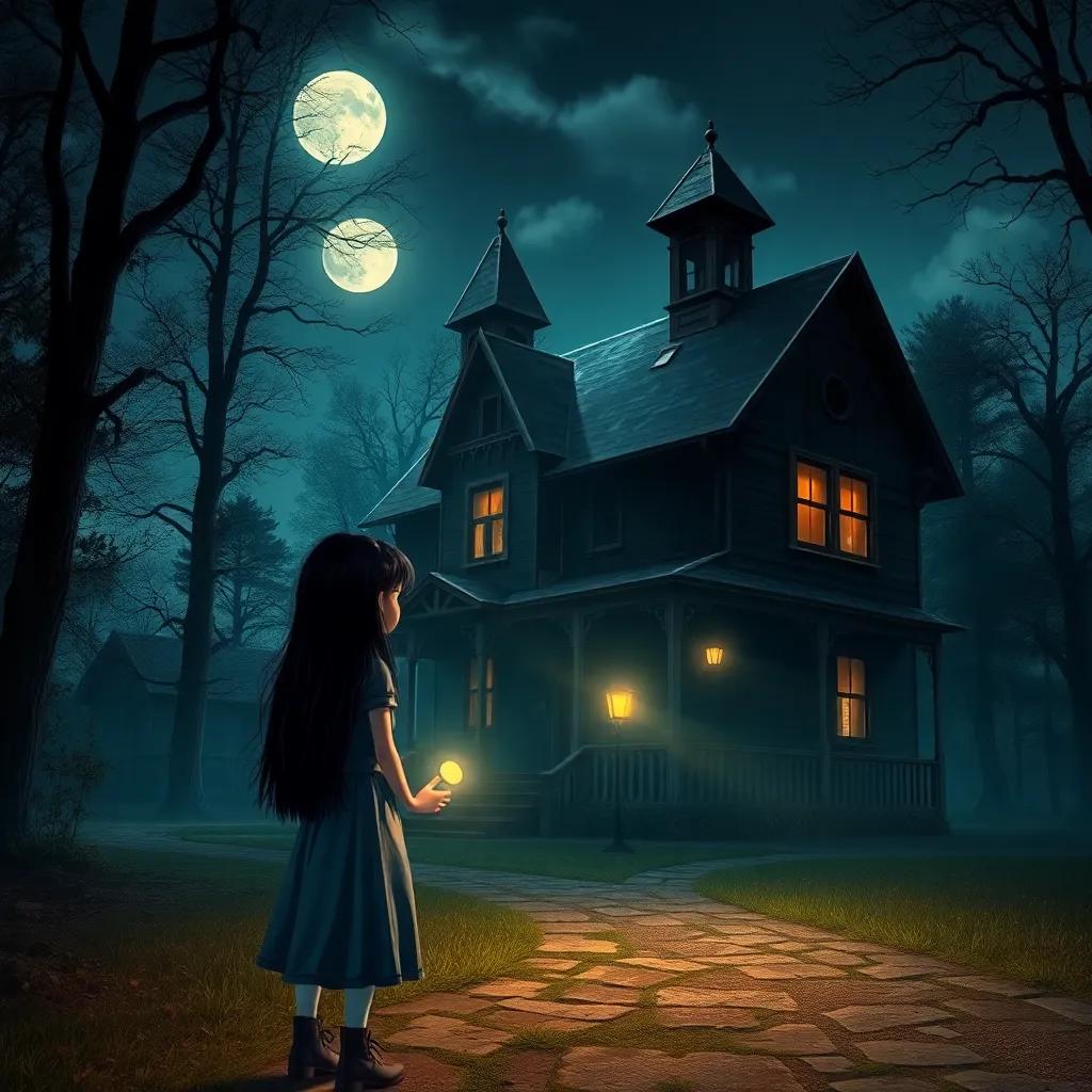 A spooky old house, surrounded by tall trees in a quiet village at night, a brave girl, Leana, about 17 years old, with long, dark hair wearing a simple dress and holding a flashlight, illuminated by the moonlight, mysterious atmosphere, digital art, haunting colors, high quality