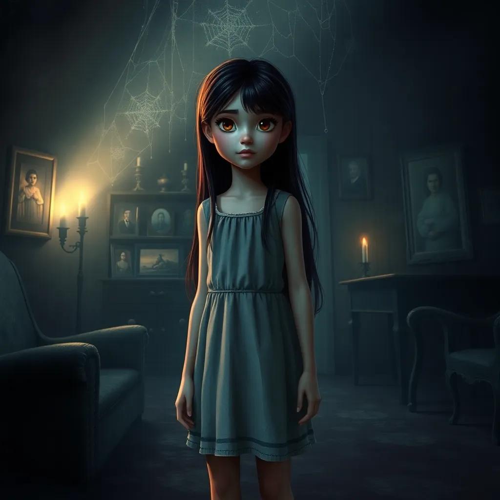 Leana, a brave girl with long, dark hair wearing a simple dress, standing in a cold and dark room filled with broken furniture, a dim flashlight revealing cobwebs and old family portraits, candlelight shadows, moody, suspenseful atmosphere, digital painting, detailed, engaging