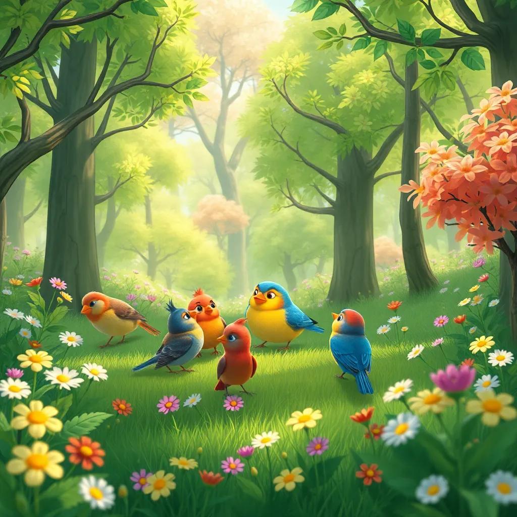 A green forest full of trees and flowers, with small colorful birds gathering together, discussing their worries about winter approaching, cheerful atmosphere, illustration, bright colors, engaging perspective, colorful