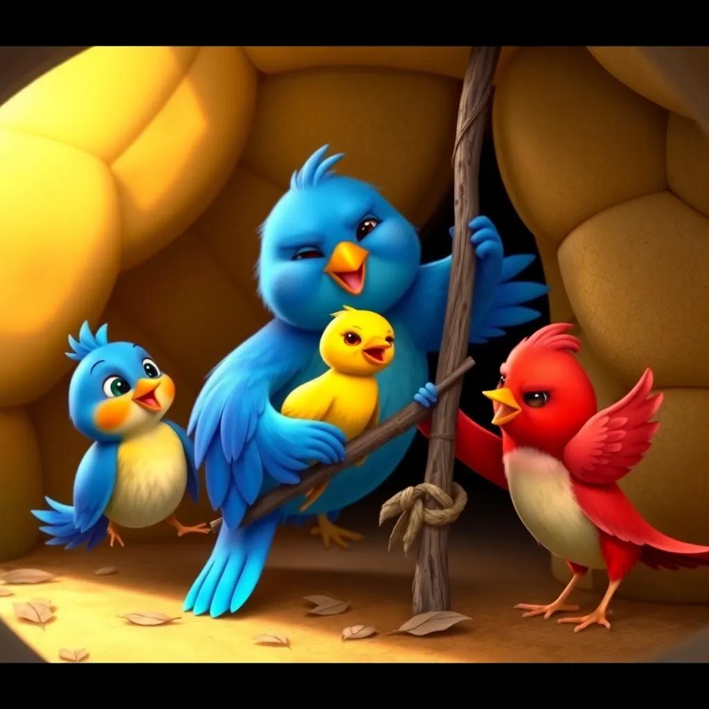 The small birds collaborating, the blue bird bringing long branches, the yellow bird gathering dry leaves, and the red bird tying the branches to build the walls, joyful teamwork, vibrant colors, child-friendly style, warm light, detailed