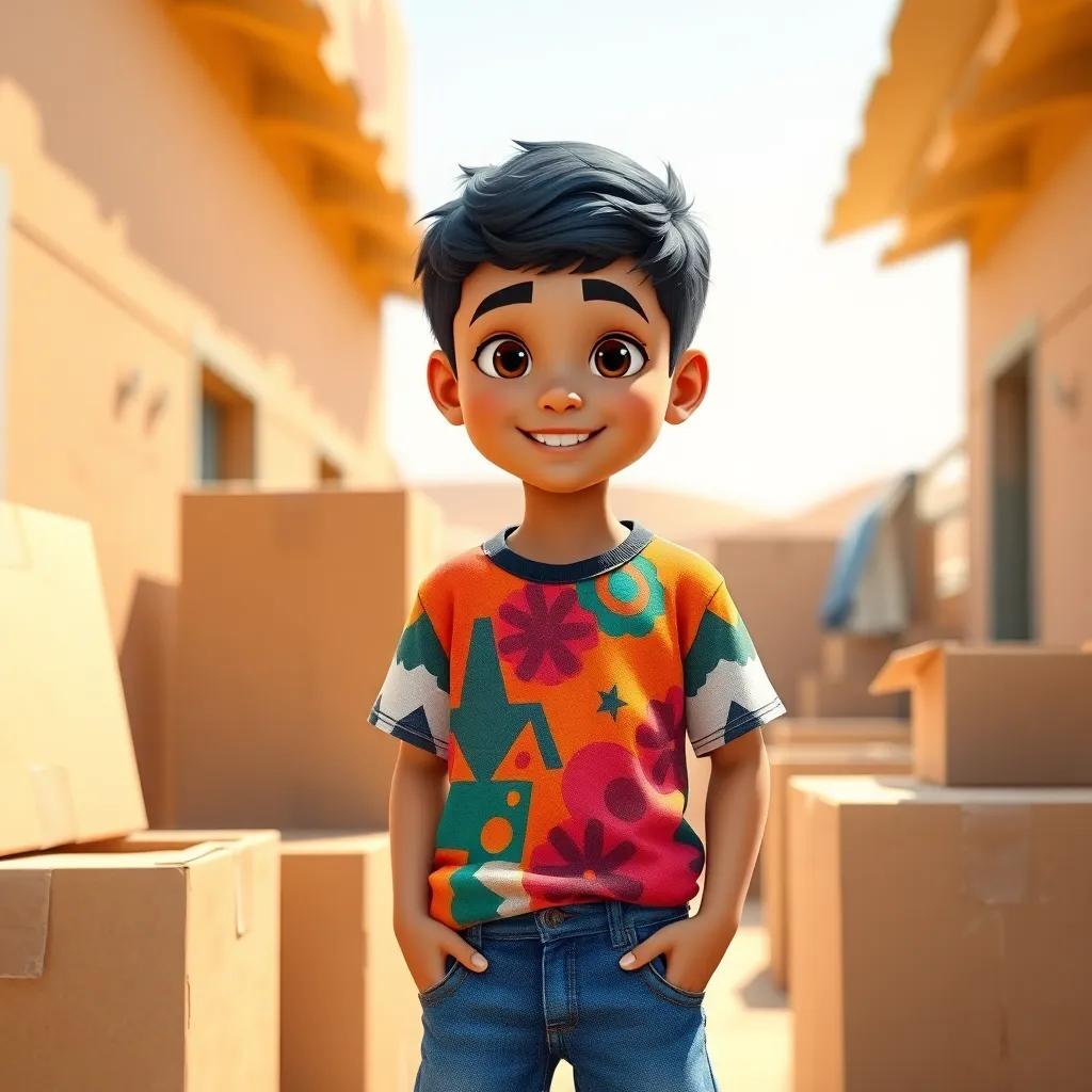 A young Omani boy, Samer, with short black hair, wearing a colorful t-shirt and denim shorts, standing in the sun with cardboard boxes around him, cheerful expression, day scene, digital art, vibrant colors, warm light, high quality