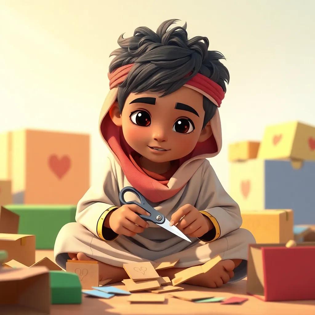 A young Omani boy, Samer, sitting on the ground, cutting cardboard pieces with a pair of scissors, focused expression, surrounded by colorful cardboard, bright daylight, detailed illustration, playful atmosphere, high quality