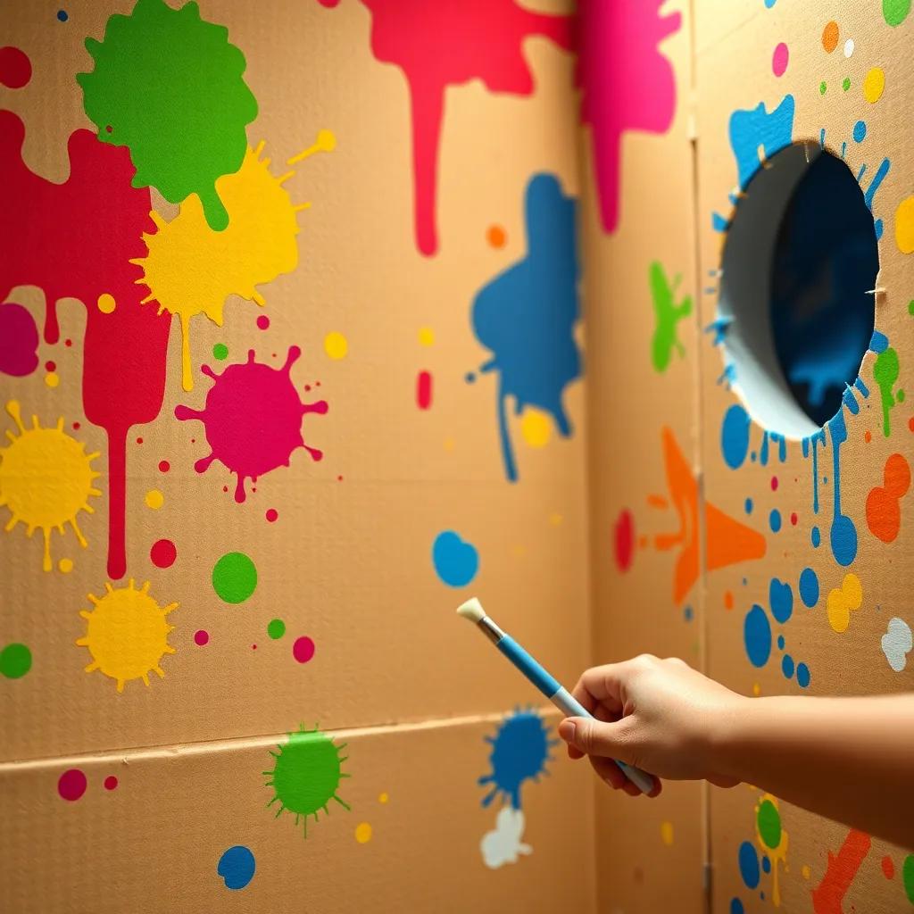 A close-up of Samer's cardboard walls being decorated with colorful paint, vibrant splashes of color, hands working diligently, bright light illuminating the scene, child-friendly, high quality