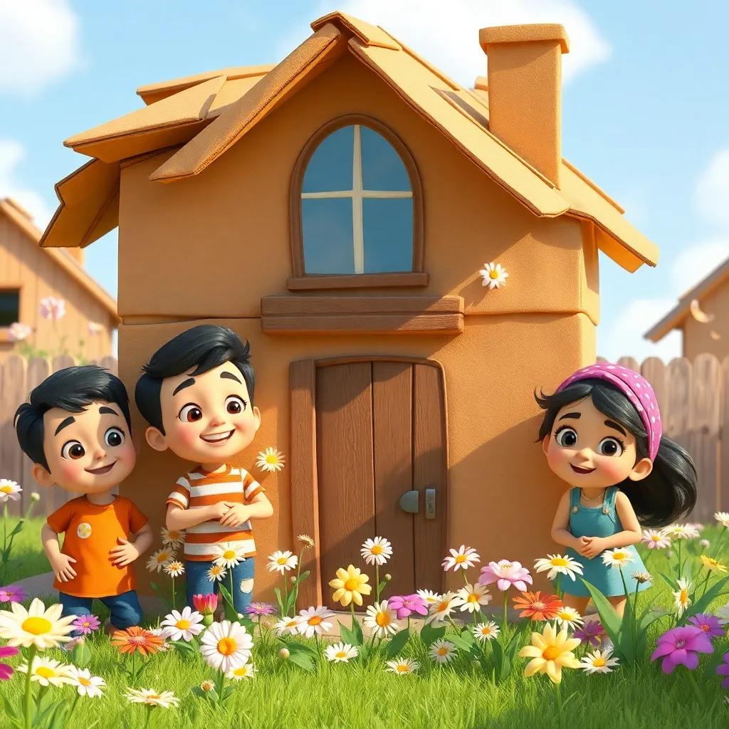A group of children, including Samer, Ahmad, and Noor, gathered around the finished cardboard house, wearing happy expressions, flowers around the house, playful colors, sunny day, joyful atmosphere, high quality
