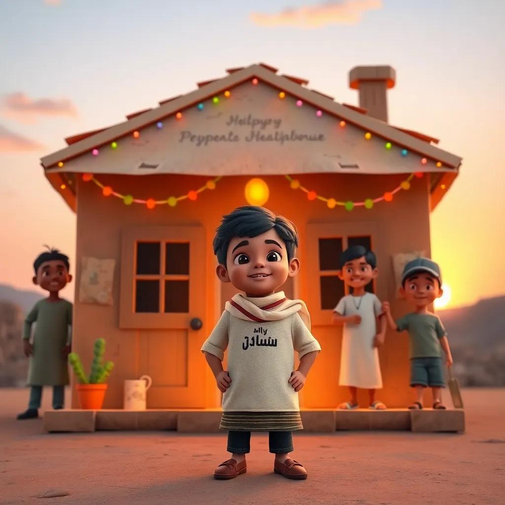 A young Omani boy, Samer, standing proudly in front of his cardboard house with his friends, all smiling and celebrating, colorful decorations on the house, sunset in the background, heartwarming scene, high quality