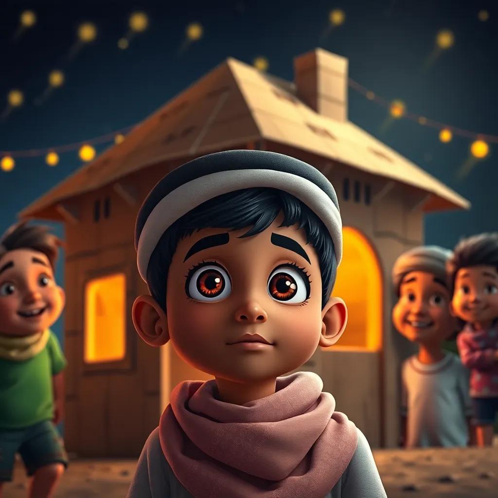 A young Omani boy, Samer, with wide eyes, looking at the cardboard house while his friends are gathered around, night scene illuminated with stars, exciting atmosphere, friendly faces, high quality