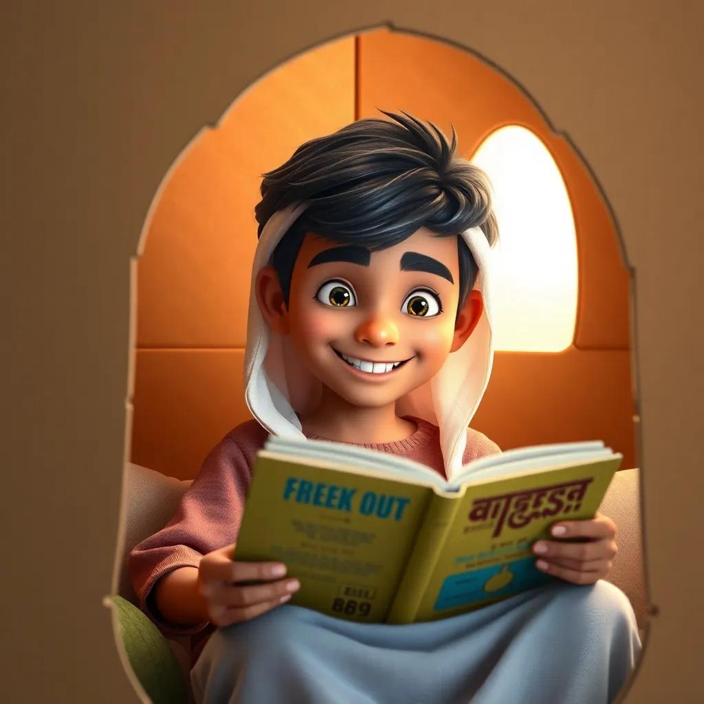 A young Omani boy, Samer, inside the cozy cardboard house, reading a book with a bright smile, comfortable atmosphere, soft light, inviting scene, high quality