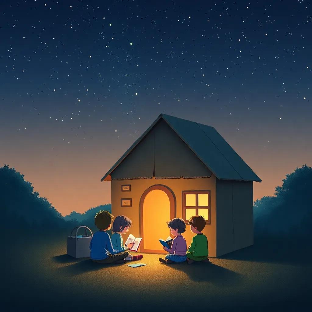 A peaceful night scene showing the cardboard house with children sitting around it, sharing stories under a starry sky, warm light, tranquil vibe, high quality