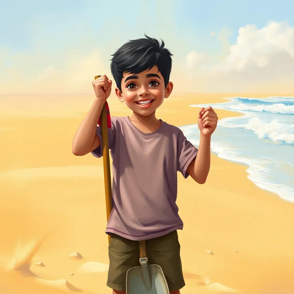 A boy, Ahmed, standing on a golden beach, with sand and waves in the background, looking excited and determined while holding a shovel, sunny day, cheerful atmosphere, digital art, colorful, vibrant, high quality