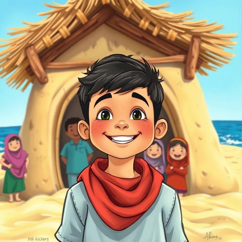 Ahmed, a young boy, smiling proudly in front of a sand house, surrounded by friends, with blue sky and sea behind him, joyful and colorful scene, illustration, child-friendly, uplifting, high quality