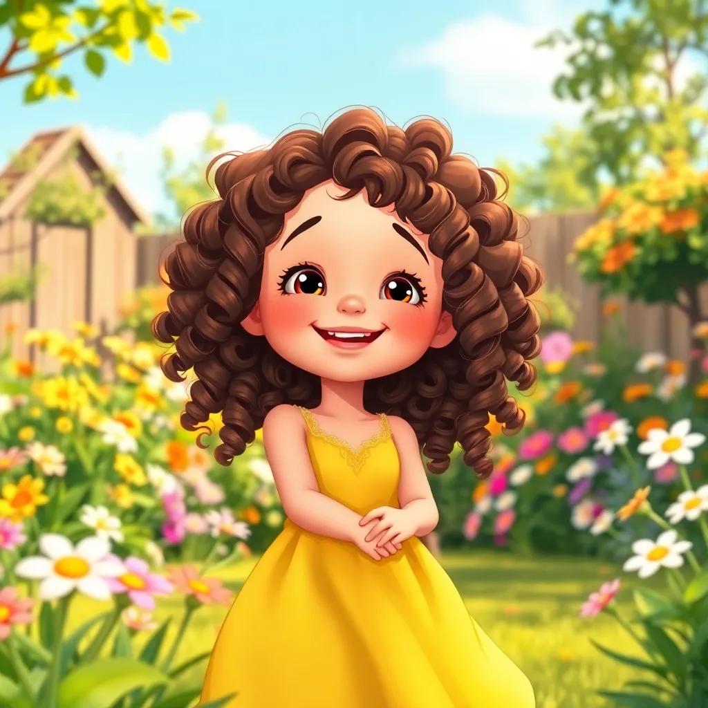 A cheerful young girl, بيرلا, age 6, with curly brown hair wearing a bright yellow dress, playing in a sunny garden, with flowers and trees around, joyful atmosphere, vibrant colors, high quality