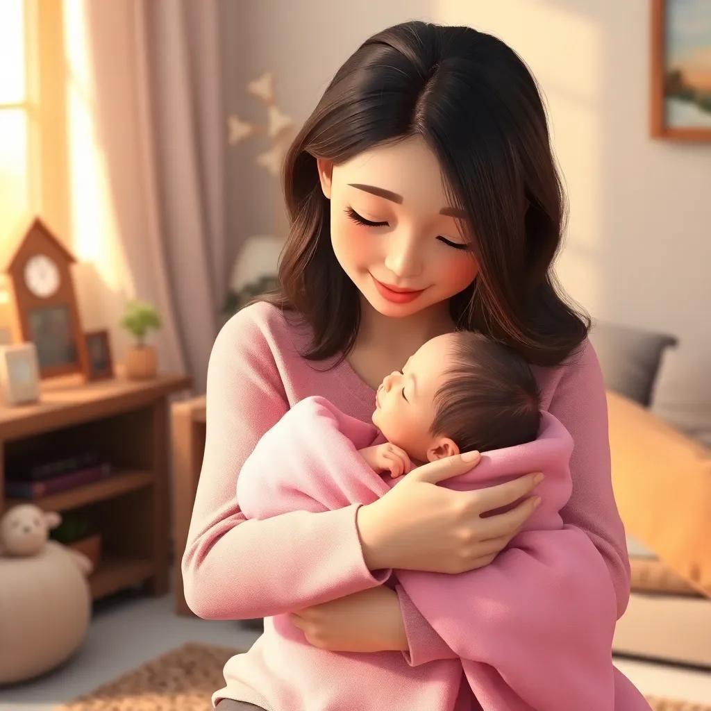A cozy room with a loving mother holding a newborn baby, كارلا, with soft brown hair, wrapped in a pink blanket, warm light, tender moment, family vibes, heartwarming, high quality