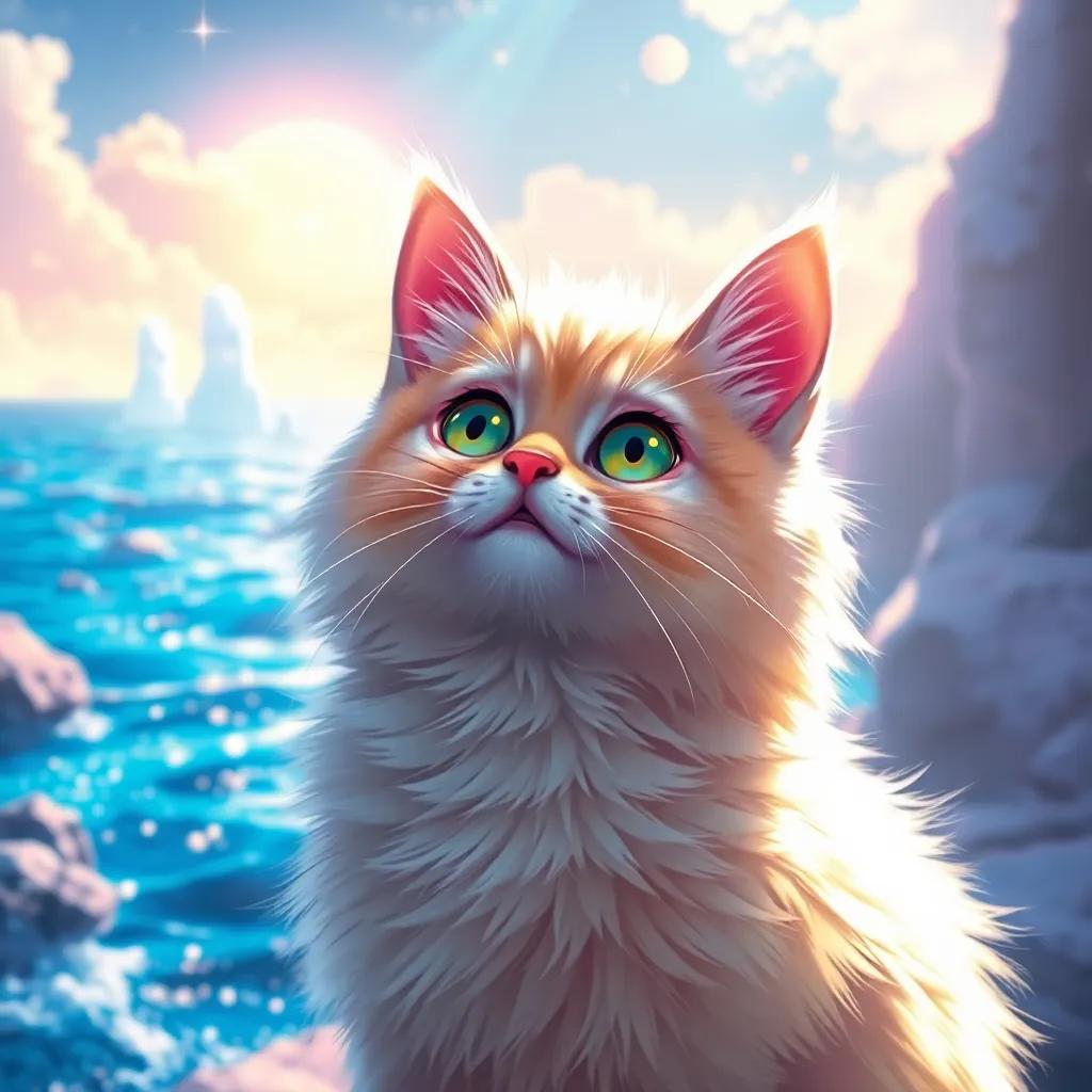 A fluffy cat, Bezo, with bright fur and curious eyes, looking excitedly at a mysterious sea named the Sea of Ghosts, vibrant colors, sunny atmosphere, digital art, enchanting, joyful ambiance, high quality